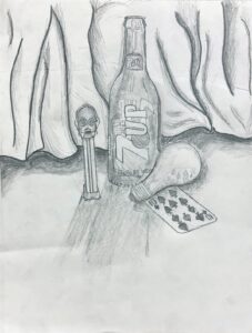 A pencil sketch of a bottle, a skull-topped candle, and a playing card on a table.