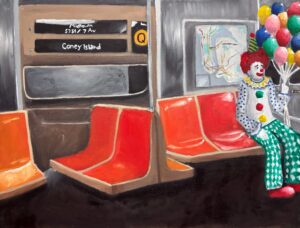 A clown sits on a subway train with bright red seats and a window showing a station name.