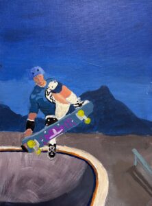 A cartoon character skateboarding at night in a park.