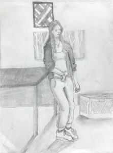 Sketch of a young woman standing by a table and a window.