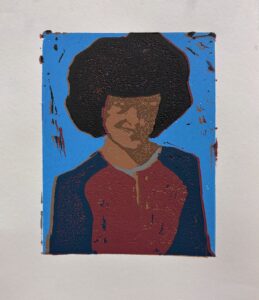 A painted portrait of a person with an afro hairstyle on a blue background.