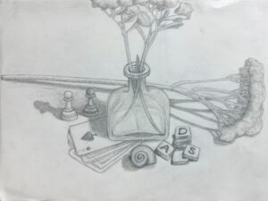 Pencil sketch of a still life with a glass bottle, flowers, and scattered objects.