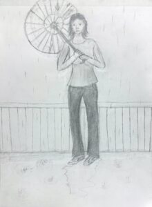 Pencil sketch of a woman meditating with a fan behind her.