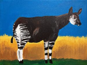 A surreal animal with a zebra's body and a donkey's head in a colorful landscape.