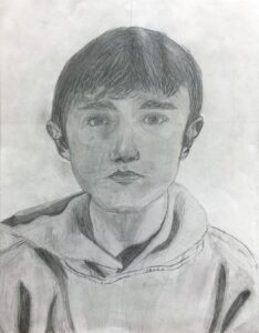 Pencil sketch portrait of a young person wearing a hoodie.