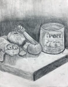 Pencil sketch of eggs, apple, and a container on a table.