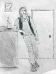 A person leaning against a counter with a bottle, sketched in pencil.
